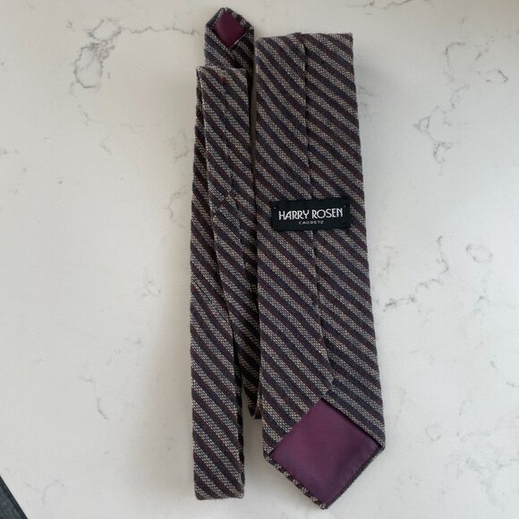 Harry Rosen Woven Textured Striped Wool Silk Blend Tie Tan Burgundy Blue Sz OS - Picture 2 of 7